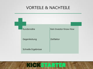 VORTEILE & NACHTEILE
Kundennähe
Gegenleistung
Schnelle Ergebnisse
Kein Investor Know-How
Zeitfaktor
 
