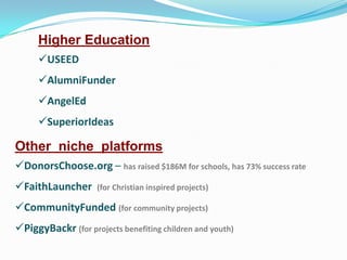 Higher Education
USEED
AlumniFunder
AngelEd

SuperiorIdeas

Other niche platforms
DonorsChoose.org – has raised $186M for schools, has 73% success rate

FaithLauncher

(for Christian inspired projects)

CommunityFunded (for community projects)
PiggyBackr (for projects benefiting children and youth)

 