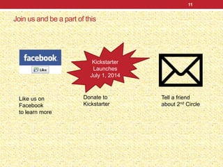 Join us and be a part of this
11
Kickstarter
Launches
July 1, 2014
Like us on
Facebook
to learn more
Donate to
Kickstarter
Tell a friend
about 2nd Circle
 