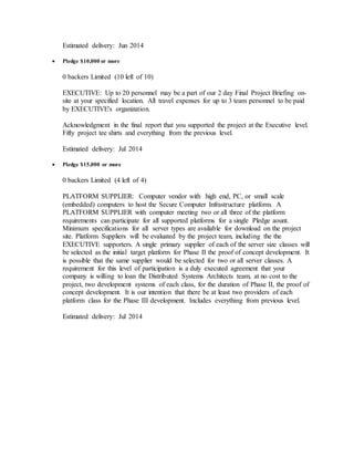 Estimated delivery: Jun 2014 
 Pledge $10,000 or more 
0 backers Limited (10 left of 10) 
EXECUTIVE: Up to 20 personnel may be a part of our 2 day Final Project Briefing on-site 
at your specified location. All travel expenses for up to 3 team personnel to be paid 
by EXECUTIVE's organization. 
Acknowledgment in the final report that you supported the project at the Executive level. 
Fifty project tee shirts and everything from the previous level. 
Estimated delivery: Jul 2014 
 Pledge $15,000 or more 
0 backers Limited (4 left of 4) 
PLATFORM SUPPLIER: Computer vendor with high end, PC, or small scale 
(embedded) computers to host the Secure Computer Infrastructure platform. A 
PLATFORM SUPPLIER with computer meeting two or all three of the platform 
requirements can participate for all supported platforms for a single Pledge aount. 
Minimum specifications for all server types are available for download on the project 
site. Platform Suppliers will be evaluated by the project team, including the the 
EXECUTIVE supporters. A single primary supplier of each of the server size classes will 
be selected as the initial target platform for Phase II the proof of concept development. It 
is possible that the same supplier would be selected for two or all server classes. A 
requirement for this level of participation is a duly executed agreement that your 
company is willing to loan the Distributed Systems Architects team, at no cost to the 
project, two development systems of each class, for the duration of Phase II, the proof of 
concept development. It is our intention that there be at least two providers of each 
platform class for the Phase III development. Includes everything from previous level. 
Estimated delivery: Jul 2014 
