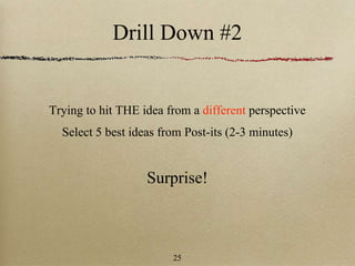 Drill Down #2
Trying to hit THE idea from a different perspective
Select 5 best ideas from Post-its (2-3 minutes)
Surprise!
25
 