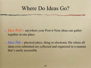 Where Do Ideas Go?
Idea Wall - anywhere your Post-it Note ideas can gather
together in one place
Idea Tub - physical place, thing or electronic file where all
ideas ever submitted are collected and organized in a manner
that’s easily accessible
29
 