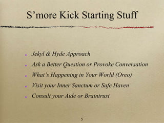 S’more Kick Starting Stuff
Jekyl & Hyde Approach
Ask a Better Question or Provoke Conversation
What’s Happening in Your World (Oreo)
Visit your Inner Sanctum or Safe Haven
Consult your Aide or Braintrust
5
 