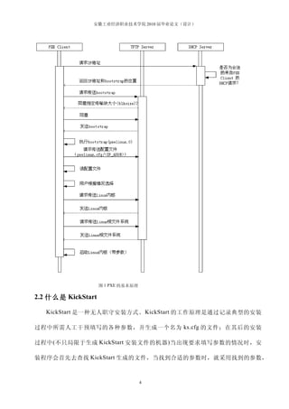 安徽工业经济职业技术学院 2010 届毕业论文（设计）




                    图 1 PXE 的基本原理

2.2 什么是 KickStart

   KickStart 是一种无人职守安装方式。 KickStart 的工作原理是通过记录典型的安装

过程中所需人工干预填写的各种参数，并生成一个名为 ks.cfg 的文件；在其后的安装

过程中 ( 不只局限于生成 KickStart 安装文件的机器 ) 当出现要求填写参数的情况时，安

装程序会首先去查找 KickStart 生成的文件，当找到合适的参数时，就采用找到的参数，



                                    4
 