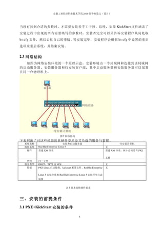 安徽工业经济职业技术学院 2010 届毕业论文（设计）




当没有找到合适的参数时，才需要安装者手工干预。这样，如果 KickStart 文件涵盖了
安装过程中出现的所有需要填写的参数时，安装者完全可以只告诉安装程序从何处取
ks.cfg 文件，然后去忙自己的事情。等安装完毕，安装程序会根据 ks.cfg 中设置的重启

选项来重启系统，并结束安装。


2.3 网络结构
  如图为网络安装环境的一个原理示意，安装环境由一个局域网和连接到该局域网
的启动服务器、安装服务器和待安装客户端，其中启动服务器和安装服务器可以部署
在同一台物理机上。




                        图 2 网络结构
下表列出了对这些机器的软硬件要求及其负载的服务与数据。
  系统名称                          安装和启动服务器                            待安装计算机
  操作系统   Red Hat Enterprise Linux 5                        无
   硬件    普通 X86 体系                                         普通 X86 体系，网卡必须带有 PXE

                                                           支持
   网络    同一子网
  服务类型   DHCP、TFTP 及 NFS                                   无
   数据    PXE Linux 启动镜像，kickstart 配置文件、RedHat Enterprise   无

         Linux 5 安装介质和 Red Hat Enterprise Linux 5 安装程序启动
         镜像


                             表 1 基本的软硬件要求



三、安装的前提条件
3.1 PXE+KickStart 安装的条件

                                      5
 
