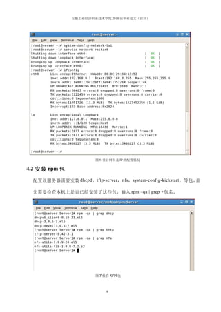 安徽工业经济职业技术学院 2010 届毕业论文（设计）




                           图 6 重启网卡及 IP 的配置情况

4.2 安装 rpm 包

  配置该服务器需要安装 dhcpd ， tftp-server ， nfs ， system-config-kickstart ，等包。首

  先需要检查本机上是否已经安装了这些包，输入 rpm –qa | grep + 包名。




                           图 7 检查 RPM 包



                                9
 
