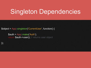 Automatic Dependency Resolution
class EmailService {
public function __construct(Mailer $mailer)
{
$this->mailer = $mailer;
}
public function sendEmail() {
$this->mailer->send();
}
}
$EmailService = App::make(‘EmailService’);
 