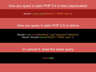 User::all();
DB::table(‘users’)->get();
IlluminateDatabaseQueryBuilder
What happens when you use Eloquent ORM
 