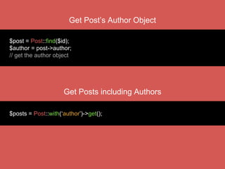 Get Post Comments Approved
$post = Post::find($id);
$comments = $post->comments()
->where(‘approved’, true)->get();
 