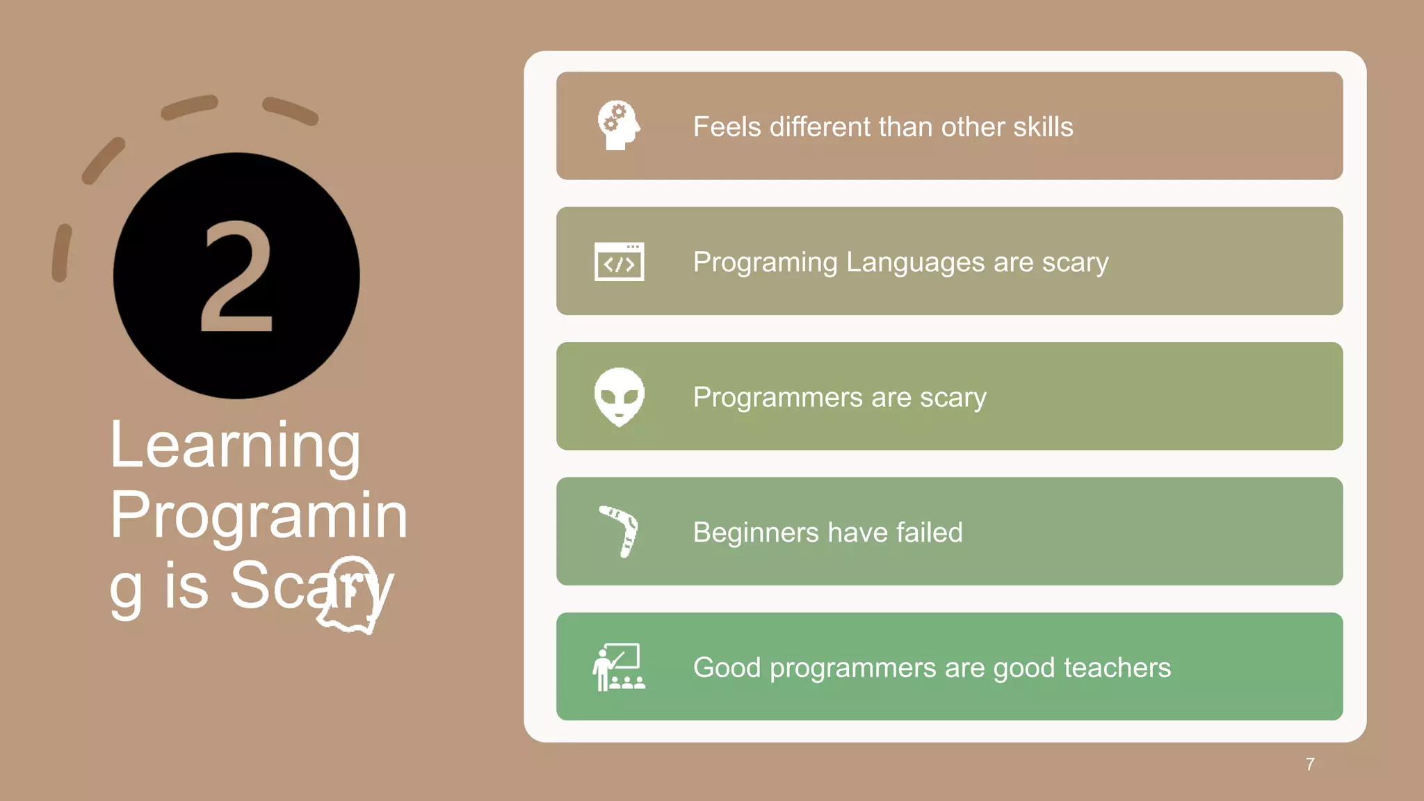 7
Feels different than other skills
Programing Languages are scary
Programmers are scary
Beginners have failed
Good programmers are good teachers
Learning
Programin
g is Scary
 