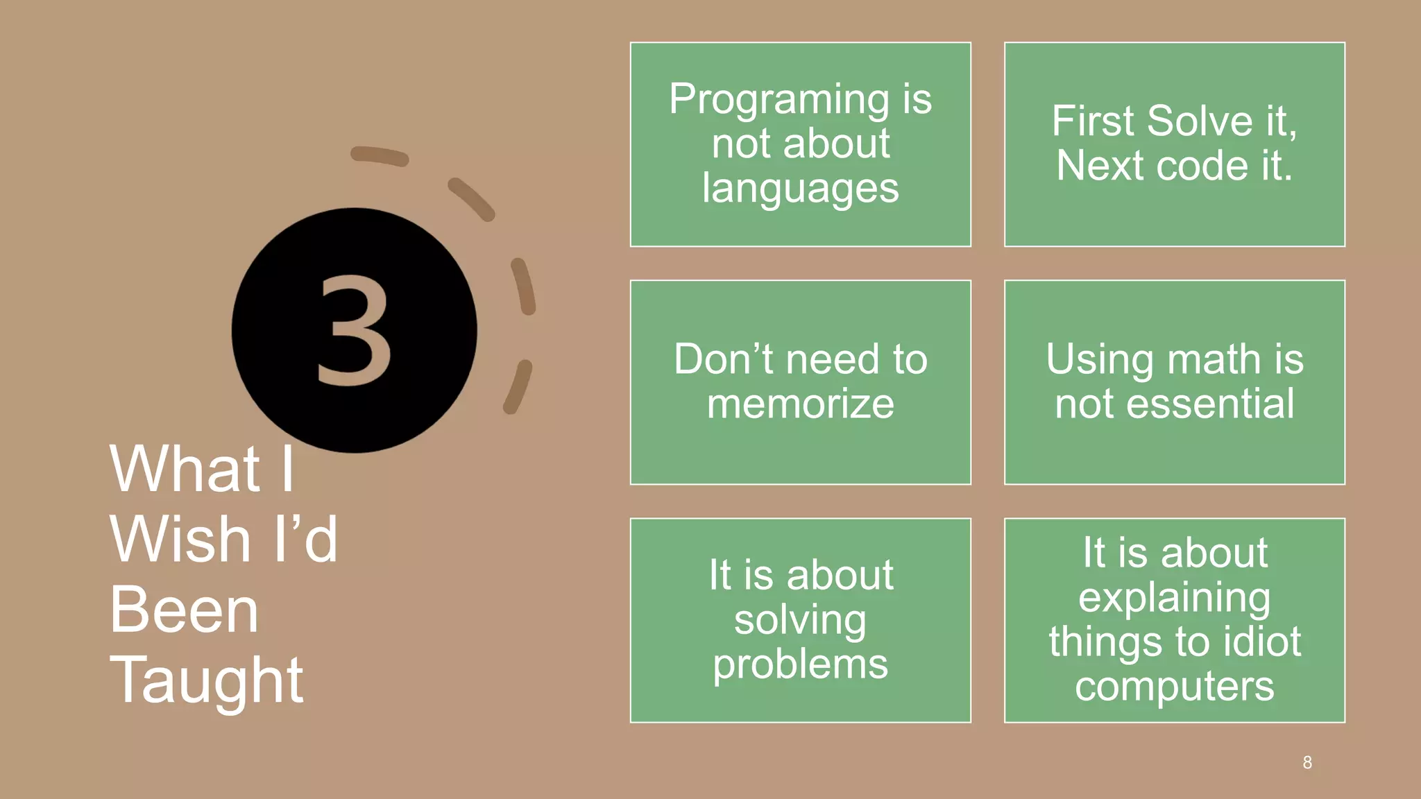 What I
Wish I’d
Been
Taught
8
Programing is
not about
languages
First Solve it,
Next code it.
Don’t need to
memorize
Using math is
not essential
It is about
solving
problems
It is about
explaining
things to idiot
computers
 