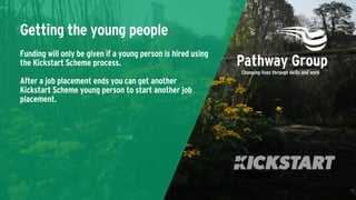 Getting the young people
Funding will only be given if a young person is hired using
the Kickstart Scheme process.
After a job placement ends you can get another
Kickstart Scheme young person to start another job
placement.
 