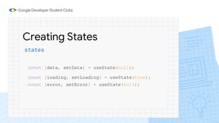 Creating States
states
const [data, setData] = useState(null);
const [loading, setLoading] = useState(true);
const [error, setError] = useState(null);
 