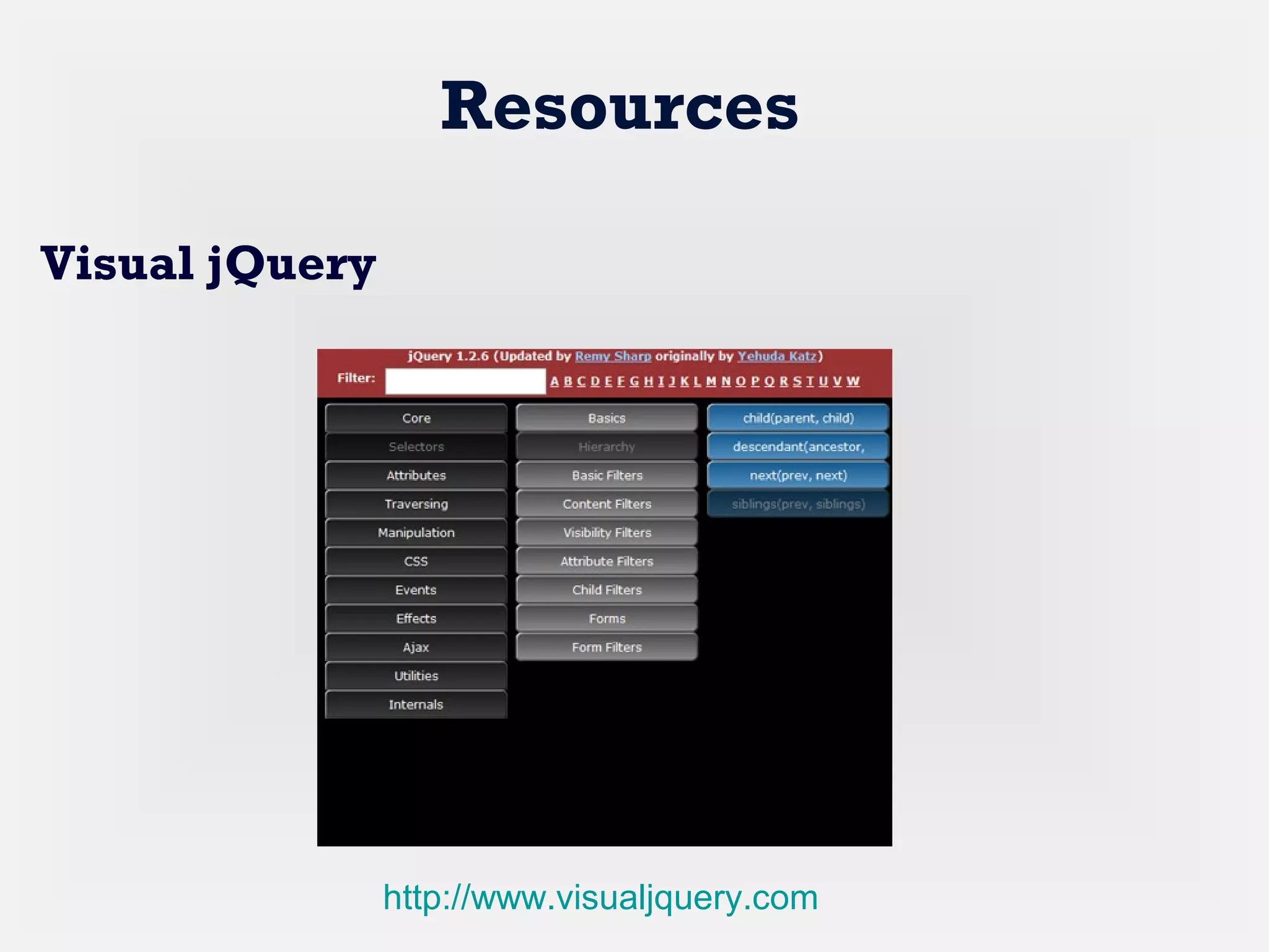 Resources
http://www.visualjquery.com
Visual jQuery
 