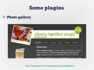 Some plugins
 Photo gallery
http://leandrovieira.com/projects/jquery/lightbox/
 