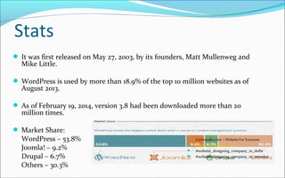 Stats
 It was first released on May 27, 2003, by its founders, Matt Mullenweg and
Mike Little.
 WordPress is used by more than 18.9% of the top 10 million websites as of
August 2013.
 As of February 19, 2014, version 3.8 had been downloaded more than 20
million times.
 Market Share:
WordPress – 53.8%
Joomla! – 9.2%
Drupal – 6.7%
Others – 30.3%
 CssFounder.com | Website For Everyone
 http://cssfounder.com
 #website_designing_company_in_delhi
 #website_designing_company_in_mumbai
 