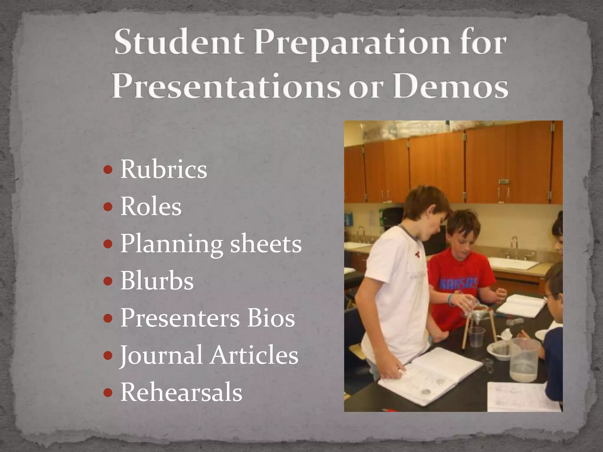 Rubrics
 Roles
 Planning sheets
 Blurbs
 Presenters Bios
 Journal Articles
 Rehearsals
 