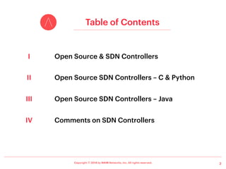Copyright ⓒ 2014 by NAIM Networks, Inc. All rights reserved. 2
Table of Contents
Open Source & SDN Controllers
Open Source SDN Controllers – C & Python
Open Source SDN Controllers – Java
Comments on SDN Controllers
I
II
III
IV
 
