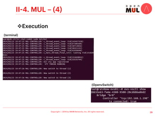 Copyright ⓒ 2014 by NAIM Networks, Inc. All rights reserved.
II-1. NOX – (6)
19
v NOX (not nox-classic)
!  Enhanced performance and better source
readability/maintenance structure
!  Less active open source community than POX
•  Only 28 source commits for the recent 2 years
!  Documentation: poor (only doxigen)
 