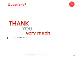 Copyright ⓒ 2014 by NAIM Networks, Inc. All rights reserved.
III-3. OpenIRIS – (2)
v Example
! etri.sdn.controller.app.basic.BasicOFController
(Java, Partial)
39
 