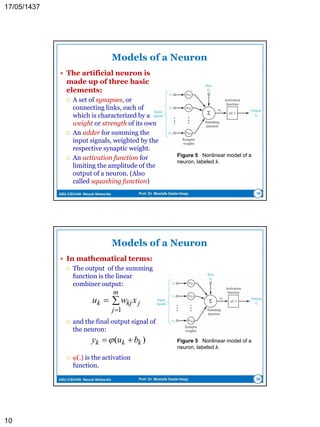 ASU-CSC445: Neural Networks Prof. Dr. Mostafa Gadal-Haqq 10
Benefits of Neural Networks
 Evidential Response
 In the context of pattern classification, a network can be
designed to provide information not only about which
particular pattern to select, but also about the confidence in the
decision made.
 Contextual Information
 Every neuron in the network is potentially affected by the global
activity of all other neurons. Consequently, contextual
information is dealt with naturally by a neural network.
 Fault tolerance
 A neural network is inherently fault tolerant, or capable of
robust computation, in the sense that its performance degrades
gracefully under adverse operating conditions.
 