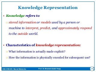ASU-CSC445: Neural Networks Prof. Dr. Mostafa Gadal-Haqq
Knowledge Representation
 Knowledge refers to
 stored information or models used by a person or
machine to interpret, predict, and approximately respond
to the outside world.
 Characteristics of knowledge representation:
 What information is actually made explicit?
 How the information is physically encoded for subsequent use?
37
 