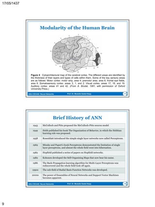 ASU-CSC445: Neural Networks Prof. Dr. Mostafa Gadal-Haqq 9
Benefits of Neural Networks
 Nonlinearity (NN could be linear or nonlinear)
 A highly important property, particularly if the underlying
physical mechanism responsible for generation of the input
signal (e.g. speech signal) is inherently nonlinear.
 Input-Output Mapping
 It finds the optimal mapping between an input signal and the
output results through learning mechanism that adjust the
weights that minimize the difference between the actual
response and the desired one. (nonparametric statistical
inference).
 Adaptivity
 A neural network could be designed to change its weights in real
time, which enables the system to operate in a nonstationary
environment.
 