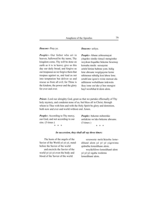 79Anaphora of the Apostles
Deacon:- Pray ye.
People:- Our father who art in
heaven, hallowed be thy name, Thy
kingdom come, Thy will be done on
earth as it is in heave; give us this
day our daily bread, and forgive us
our trespasses as we forgive them that
trespass against us, and lead us not
into temptation but deliver us and
rescue us from all evil; for Thine is
the kindom, the power and the glory
for ever and ever.
People:- According to Thy mercy,
our God, and not according to our
sins. (3 times )
* * *
The hosts of the angels of the
Savior of the World yé yé yé, stand
before the Savior of the world
and encircle the Savior of the
world yé yé yé even the body and
blood of the Savior of the world
In succession, they shall all say three times:
Priest:- Lord our almighty God, grant us that we partake effectually of Thy
holy mystery, and condemn none of us, but bless all in Christ, through
whom to Thee with him and with the Holy Spirit be glory and dominion,
both now and ever and world without end. Amen.
Deacon:- Íeliyu.
People:- Abune zebesemayat
yitqedes simike timÍa'i mengistike
weyikun feqadike bekeme besemay
kemahu medir. seesayene
zelele'iletine habene yom. hidig
lene abesane wegégayene keme
nihinenee nihidig leze'abese lene.
eetabi'ane igzee'o wiste mensut ala
adihinene webalihane imkwulu
ikuy isme zee'ake yi'itee mengist
hayl wesibihat le'alem alem.
People:- bekeme mihiretike
amlakine we'ako bekeme abesane.
(3 times )
* * *
seraweete mela'ikteehu leme-
dihané alem yé yé yé yiqewimu
qidméhu lemedihane alem;
weyikéliliwo lemedihané alem
yé yé yé sigahu wedemu
lemedihané alem.
 