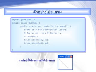 ตวอย'&งโปรแกรม
import java.awt.*;
public class GUIDemo {
      public static void main(String args[]) {
          Frame fr = new Frame("Draw line");
          MyCanvas mc = new MyCanvas();
          fr.add(mc);
          fr.setSize(150,150);
          fr.setVisible(true);
      }
}




     ผลลพธ"ท,-ไดMจ&กก&รรนโปรแกรม
 