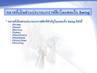 คล&สท,เปJนสวนประกอบกราฟฟกในแพคเก<จ Swing
      -
 คล&สท,-เปJนสวนประกอบกราฟฟกทส"าคญในแพคเก<จ Swing มดงน2
   •   JFrame
   •   JPanel
   •   JButton
   •   JLabel
   •   JTextField
   •   JTextArea
   •   JScrollbar
   •   JToolTip
 