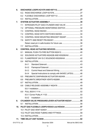 © K.F.P.S. Ltd December 2004 Manual No 59812-400
iv
6. DISCHARGE LOOPS K21578 AND K97112.............................................27
6.2. RIGID DISCHARGE LOOP K21578...................................................27
6.2 FLEXIBLE DISCHARGE LOOP K97112............................................28
6.3 INSTALLATION..................................................................................29
7. SYSTEM ACTUATOR ASSEMBLY...........................................................30
7.1 NITROGEN PILOT GAS CYLINDER AND VALVE ............................31
7.2 OPTIONAL PRESSURE MONITORING SWITCH.............................32
7.3 CONTROL HEAD K62303 .................................................................33
7.4 CONTROL HEAD WITH SWITCHES K62304 ...................................34
7.5 CONTROL HEAD MOUNTING BRACKET K62487...........................35
7.6 SAFETY AND RESET PIN K62401 ...................................................36
Retain reset pin in safe location for future use. ..................................36
7.7 INSTALLATION..................................................................................37
8. CONTROL HEAD ACTUATING DEVICES................................................39
8.1 MANUAL PUSH-TO-FIRE BUTTON K62412.....................................40
8.2 SOLENOID ACTUATORS K62422B AND K93206/AX ......................41
8.3 FLAMEPROOF 24V D.C SOLENOID K93206/AX .............................42
8.4 INSTALLATION..................................................................................43
8.4.1 Standard Solenoid.................................................................43
8.4.2 Flameproof Solenoid .............................................................44
8.4.3 Control Head and Solenoid Wiring ........................................45
8.4.4 Special Instructions to comply with 94/9/EC (ATEX) .............46
8.5 PNEUMATIC DIAPHRAGM ACTUATOR K62459 .............................47
8.6 PNEUMATIC BREATHER VENTS K62895 .......................................48
8.7 INSTALLATION..................................................................................49
8.8 CABLE RELEASE ASSEMBLY K62478 ............................................49
8.8.1 Installation.................................................................................50
8.9 PULL BOX K 1114 .............................................................................52
8.9.1 Corner Pulley K 1122 ................................................................53
8.9.2 Installation .............................................................................53
9. CYLINDER VALVE PRESSURE/LEVER ACTUATOR K62341 ................55
9.1 INSTALLATION..................................................................................56
10. PILOT GAS FLEXIBLE LOOPS K93433 and K93434 ..............................57
10.1 PILOT GAS VENT K24051 ................................................................57
10.2 PILOT GAS RIGID TUBING AND FITTINGS.....................................59
10.3 INSTALLATION..................................................................................61
11. TIME DELAY UNIT K23650.......................................................................62
 