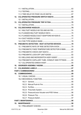 © K.F.P.S. Ltd December 2004 Manual No 59812-400
v
11.1 INSTALLATION..................................................................................63
11.2 TESTING............................................................................................63
11.3 TIME DELAY BY-PASS VALVE K60736 ...........................................67
12. CO2 OPERATED PRESSURE SWITCH K60218.......................................69
12.1 INSTALLATION..................................................................................71
13. CO2 OPERATED PRESSURE TRIP K17554.............................................72
13.1 INSTALLATION..................................................................................73
14. CO2 DISCHARGE NOZZLES.....................................................................74
14.1 MULTIJET NOZZLE K61792 AND K61793........................................74
14.2 FLANGED MULTIJET NOZZLE K5814..............................................75
14.3 FLANGED NOZZLE DUCT ADAPTORS K61420A-D........................76
14.4 DUCT NOZZLE K13045.....................................................................77
14.5 FAN TYPE NOZZLE K6490 ...............................................................78
15. PNEUMATIC DETECTION - HEAT ACTUATED DEVICES ......................79
15.1 PNEUMATIC RATE OF RISE DETECTOR K18724 ..........................79
15.2 PNEUMATIC FIXED TEMPERATURE DETECTOR K18689.............80
15.3 PNEUMATIC CHECK UNIT K24412..................................................81
15.4 PNEUMATIC LOCK-OFF UNIT K24300 ............................................82
15.5 BELLOWS AND MICROSWITCH ASSY K20057 ..............................83
15.6 PNEUMATIC CAPILLARY TUBE, CONDUIT AND FITTINGS...........84
15.7 CO2 OPERATED SIREN K18307.......................................................85
16. ODORISER ASSEMBLY K62586..............................................................86
17. CO2 WARNING LABELS ...........................................................................87
PART 2 COMMISSIONING ................................................................................89
18. COMMISSIONING......................................................................................89
18.1 VISUAL CHECKS ..............................................................................89
18.2 MECHANICAL FUNCTION ................................................................90
18.2.1 General..................................................................................90
18.2.2 Manual Push-to Fire ..............................................................90
18.2.3 Pull Box .................................................................................90
18.2.4 Pneumatic System.................................................................91
18.2.5 Pressure/Lever Actuator and POD Valves ............................96
18.2.6 Pressure Trip.........................................................................96
18.2.7 Pressure Switch.....................................................................97
PART 3 MAINTENANCE....................................................................................98
19. MAINTENANCE.........................................................................................98
19.1 PRELIMINARY CHECKS...................................................................98
 