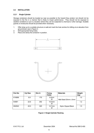 © K.F.P.S. Ltd December 2004 Manual No 59812-400
6
2.2 INSTALLATION
2.2.1 Single Cylinder
Storage containers should be located as near as possible to the hazard they protect, but should not be
exposed to the fire in a manner that is likely to impair performance. They should not be exposed to
weather conditions or put in a location where they can be subjected to chemical or other damage. Suitable
guards or enclosures should be provided when necessary.
1. Offer strap up to a suitable structure or wall and mark the hole centres for drilling at an elevation from
ground level, see in Figure 3.
2. Drill appropriate fixing holes.
3. Place and clamp the container in position.
Part No Cyl Size Dim A Fixing
Holes
Materials Weight
(kg)
K16896 6.8 175 9.5mm
Ø
1.0
K4881 22.6 292 10.5mm
Ø
Mild Steel 25mm x 3mm
1.2
K62943 45.0 320 12.7mm
Ø
Nylon Dipped Black 1.5
Figure 3 Single Cylinder Racking
 