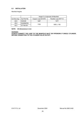 © K.F.P.S. Ltd December 2004 Manual No 59812-400
29
6.3 INSTALLATION
Manifold Heights
Height To Underside Of Manifold
Cyl Size (kg) Cyl Part No Copper Loop K21578 Flexible Loop K97112
22.6 K24338 1267 1577
45.0 K24069/FM
45.0 E7194-001
1700 1800 ± 100
NOTE: All dimensions in mm
WARNING
ALWAYS CONNECT THE LOOP TO THE MANIFOLD INLET OR PIPEWORK IF SINGLE CYLINDER,
BEFORE CONNECTING TO THE CYLINDER VALVE OUTLET.
 