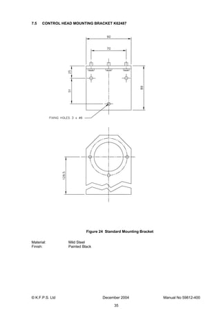 © K.F.P.S. Ltd December 2004 Manual No 59812-400
35
7.5 CONTROL HEAD MOUNTING BRACKET K62487
Figure 24 Standard Mounting Bracket
Material: Mild Steel
Finish: Painted Black
 