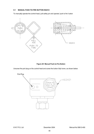 © K.F.P.S. Ltd December 2004 Manual No 59812-400
40
8.1 MANUAL PUSH-TO-FIRE BUTTON K62412
To manually operate the control head, pull safety pin and operate ‘push to fire’ button
Figure 28 Manual Push-to-Fire Button
Unscrew the port plug on the control head and screw the button fully home, as shown below.
Port Plug
 