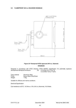 © K.F.P.S. Ltd December 2004 Manual No 59812-400
42
8.3 FLAMEPROOF 24V d.c SOLENOID K93206/AX
Figure 30 Flameproof ATEX approved 24V d.c. Solenoid
K93206/AX
Designed in accordance with ATEX directive: ATEX 94/9/EC classification: for potentially explosive
atmospheres flameproof enclosure EX II 2 G Eex d II C T6 to T4
II 2 D IP65 T 85 to T135ºC
Case material: Aluminium Alloy.
Finish: Epoxy Gloss Grey/Green
Weight: 1.4kg.
Suitable for offshore and marine conditions.
Electrical Specification
Coil resistance at 20°C: 16 Ohms ± 10% 24V d.c (Nominal), 16.8 Watts.
 