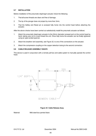 © K.F.P.S. Ltd December 2004 Manual No 59812-400
49
8.7 INSTALLATION
Before installation of the pneumatic diaphragm actuator check the following:
1. That all screw threads are clean and free of damage,
2. The tip of the plunger does not project by more than 3mm,
3. That the Safety and Reset pin is screwed fully home into the control head before attaching the
actuator.
After the above checks have been carried out satisfactorily install the pneumatic actuator as follows:
1. Attach the pneumatic diaphragm actuator to the 24mm diameter screwed port on the control head by
hand, taking care not to cross thread the unit. Once fully home the actuator can be finally tightened
using an open-ended spanner.
2. Attach the breather vent assembly, see Figure 32, to one of the connections on the actuator.
3. Attach the compression coupling on the copper detection tubing to the second connection.
8.8 CABLE RELEASE ASSEMBLY K62478
This device is used in conjunction with a remote pull box and cable system to manually operate the control
head.
Figure 34 Cable Release Assy
Material: Mild steel box painted black
 