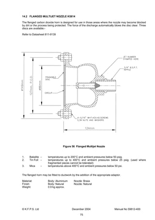 © K.F.P.S. Ltd December 2004 Manual No 59812-400
75
14.2 FLANGED MULTIJET NOZZLE K5814
The flanged carbon dioxide horn is designed for use in those areas where the nozzle may become blocked
by dirt or the process being protected. The force of the discharge automatically blows the disc clear. Three
discs are available:-
Refer to Datasheet 811-9139
Figure 56 Flanged Multijet Nozzle
1. Bakelite - temperatures up to 200°C and ambient pressures below 50 psig.
2. Tin Foil - temperatures up to 400°C and ambient pressures below 25 psig. (used where
fragmented pieces cannot be tolerated)
3. Mica - temperatures above 400°C and ambient pressures below 50 psi.
The flanged horn may be fitted to ductwork by the addition of the appropriate adaptor.
Material: Body: Aluminium Nozzle: Brass
Finish: Body: Natural Nozzle: Natural
Weight: 0.9 kg approx.
 