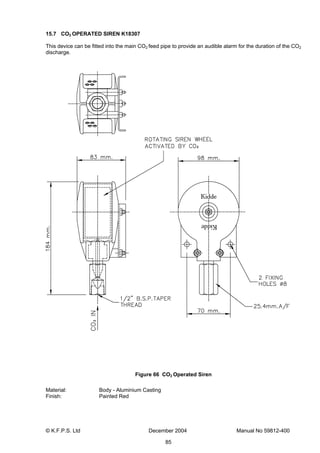 © K.F.P.S. Ltd December 2004 Manual No 59812-400
85
15.7 CO2 OPERATED SIREN K18307
This device can be fitted into the main CO2 feed pipe to provide an audible alarm for the duration of the CO2
discharge.
Figure 66 CO2 Operated Siren
Material: Body - Aluminium Casting
Finish: Painted Red
 