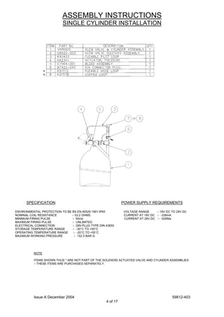 Issue A December 2004 59812-403
4 of 17
ASSEMBLY INSTRUCTIONS
SINGLE CYLINDER INSTALLATION
SPECIFICATION POWER SUPPLY REQUIREMENTS
ENVIRONMENTAL PROTECTION TO BE BS EN 60529 1991 IP65 VOLTAGE RANGE :- 18V DC TO 28V DC
NOMINAL COIL RESISTANCE :- 53.2 OHMS CURRENT AT 18V DC :- -338mA
MINIMUM FIRING PULSE :- 60ms CURRENT AT 28V DC :- -526Ma
MAXIMUM FIRING PULSE :- UNLIMITED
ELECTRICAL CONNECTION :- DIN PLUG TYPE DIN 43650
STORAGE TEMPERATURE RANGE :- -30°C TO +55°C
OPERATING TEMPERATURE RANGE :- -20°C TO +55°C
MAXIMUM WORKING PRESSURE :- 152.5 BAR G
NOTE
ITEMS SHOWN THUS * ARE NOT PART OF THE SOLENOID ACTUATED VALVE AND CYLINDER ASSEMBLIES
– THESE ITEMS ARE PURCHASED SEPARATELY.
 