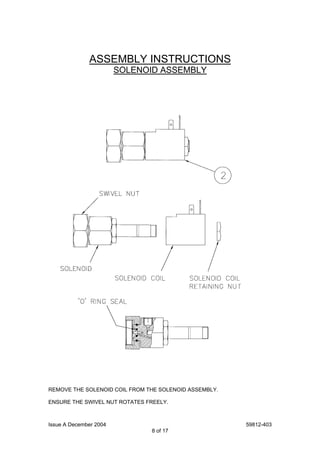Issue A December 2004 59812-403
8 of 17
ASSEMBLY INSTRUCTIONS
SOLENOID ASSEMBLY
REMOVE THE SOLENOID COIL FROM THE SOLENOID ASSEMBLY.
ENSURE THE SWIVEL NUT ROTATES FREELY.
 