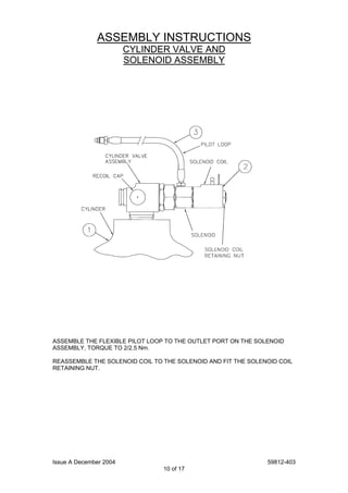 Issue A December 2004 59812-403
10 of 17
ASSEMBLY INSTRUCTIONS
CYLINDER VALVE AND
SOLENOID ASSEMBLY
ASSEMBLE THE FLEXIBLE PILOT LOOP TO THE OUTLET PORT ON THE SOLENOID
ASSEMBLY, TORQUE TO 2/2.5 Nm.
REASSEMBLE THE SOLENOID COIL TO THE SOLENOID AND FIT THE SOLENOID COIL
RETAINING NUT.
 
