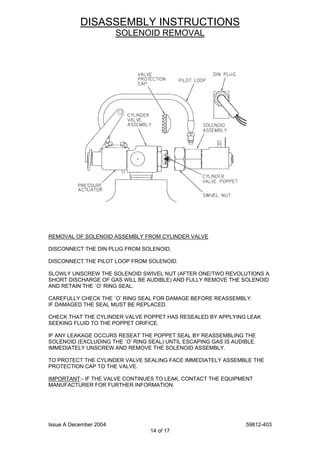 Issue A December 2004 59812-403
14 of 17
DISASSEMBLY INSTRUCTIONS
SOLENOID REMOVAL
REMOVAL OF SOLENOID ASSEMBLY FROM CYLINDER VALVE
DISCONNECT THE DIN PLUG FROM SOLENOID.
DISCONNECT THE PILOT LOOP FROM SOLENOID.
SLOWLY UNSCREW THE SOLENOID SWIVEL NUT (AFTER ONE/TWO REVOLUTIONS A
SHORT DISCHARGE OF GAS WILL BE AUDIBLE) AND FULLY REMOVE THE SOLENOID
AND RETAIN THE `O’ RING SEAL.
CAREFULLY CHECK THE `O’ RING SEAL FOR DAMAGE BEFORE REASSEMBLY.
IF DAMAGED THE SEAL MUST BE REPLACED.
CHECK THAT THE CYLINDER VALVE POPPET HAS RESEALED BY APPLYING LEAK
SEEKING FLUID TO THE POPPET ORIFICE.
IF ANY LEAKAGE OCCURS RESEAT THE POPPET SEAL BY REASSEMBLING THE
SOLENOID (EXCLUDING THE `O’ RING SEAL) UNTIL ESCAPING GAS IS AUDIBLE.
IMMEDIATELY UNSCREW AND REMOVE THE SOLENOID ASSEMBLY.
TO PROTECT THE CYLINDER VALVE SEALING FACE IMMEDIATELY ASSEMBLE THE
PROTECTION CAP TO THE VALVE.
IMPORTANT:- IF THE VALVE CONTINUES TO LEAK, CONTACT THE EQUIPMENT
MANUFACTURER FOR FURTHER INFORMATION.
 