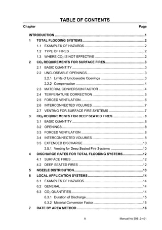 iii Manual No 59812-401
TABLE OF CONTENTS
Chapter Page
INTRODUCTION ..................................................................................................1
1 TOTAL FLOODING SYSTEMS....................................................................2
1.1 EXAMPLES OF HAZARDS..................................................................2
1.2 TYPE OF FIRES ..................................................................................2
1.3 WHERE CO2 IS NOT EFFECTIVE ......................................................2
2 CO2 REQUIREMENTS FOR SURFACE FIRES...........................................3
2.1 BASIC QUANTITY ...............................................................................3
2.2 UNCLOSEABLE OPENINGS...............................................................3
2.2.1 Limits of Uncloseable Openings ................................................3
2.2.2 Compensation ...........................................................................4
2.3 MATERIAL CONVERSION FACTOR ..................................................4
2.4 TEMPERATURE CORRECTION.........................................................6
2.5 FORCED VENTILATION .....................................................................6
2.6 INTERCONNECTED VOLUMES .........................................................7
2.7 VENTING FOR SURFACE FIRE SYSTEMS .......................................7
3 CO2 REQUIREMENTS FOR DEEP SEATED FIRES...................................8
3.1 BASIC QUANTITY ...............................................................................8
3.2 OPENINGS ..........................................................................................8
3.3 FORCED VENTILATION .....................................................................8
3.4 INTERCONNECTED VOLUMES .........................................................8
3.5 EXTENDED DISCHARGE .................................................................10
3.5.1 Venting for Deep Seated Fire Systems ...................................10
4 DISCHARGE RATES FOR TOTAL FLOODING SYSTEMS......................12
4.1 SURFACE FIRES ..............................................................................12
4.2 DEEP SEATED FIRES ......................................................................12
5 NOZZLE DISTRIBUTION...........................................................................13
6 LOCAL APPLICATION SYSTEMS............................................................14
6.1 EXAMPLES OF HAZARDS................................................................14
6.2 GENERAL..........................................................................................14
6.3 CO2 QUANTITIES..............................................................................14
6.3.1 Duration of Discharge..............................................................15
6.3.2 Material Conversion Factor......................................................15
7 RATE BY AREA METHOD ........................................................................16
 