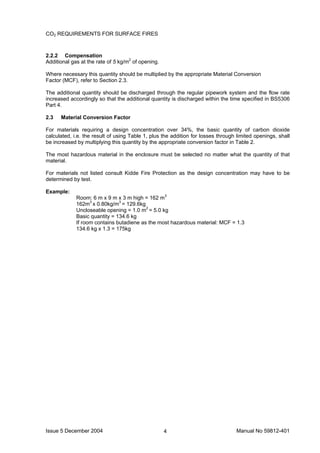 Issue 5 December 2004 Manual No 59812-4014
CO2 REQUIREMENTS FOR SURFACE FIRES
2.2.2 Compensation
Additional gas at the rate of 5 kg/m2
of opening.
Where necessary this quantity should be multiplied by the appropriate Material Conversion
Factor (MCF), refer to Section 2.3.
The additional quantity should be discharged through the regular pipework system and the flow rate
increased accordingly so that the additional quantity is discharged within the time specified in BS5306
Part 4.
2.3 Material Conversion Factor
For materials requiring a design concentration over 34%, the basic quantity of carbon dioxide
calculated, i.e. the result of using Table 1, plus the addition for losses through limited openings, shall
be increased by multiplying this quantity by the appropriate conversion factor in Table 2.
The most hazardous material in the enclosure must be selected no matter what the quantity of that
material.
For materials not listed consult Kidde Fire Protection as the design concentration may have to be
determined by test.
Example:
Room: 6 m x 9 m x 3 m high = 162 m3
162m3
x 0.80kg/m3
= 129.6kg
Uncloseable opening = 1.0 m2
= 5.0 kg
Basic quantity = 134.6 kg
If room contains butadiene as the most hazardous material: MCF = 1.3
134.6 kg x 1.3 = 175kg
 