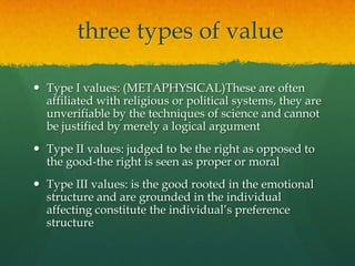 three types of valueType I values: (METAPHYSICAL)These are often affiliated with religious or political systems, they are unverifiable by the techniques of science and cannot be justified by merely a logical argumentType II values: judged to be the right as opposed to the good-the right is seen as proper or moralType III values: is the good rooted in the emotional structure and are grounded in the individual affecting constitute the individual’s preference structure