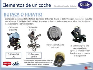 Elementos de un coche
Ideal desde recién nacido hasta los 8-10 meses. El tiempo de uso se determina por el peso. Los huevitos
son del Grupo 0: (0-9kg) o 0+ (0 a 13kg). Se pueden utilizar como butaca de auto, adheridos al asiento o
chasis del coche o como mecedora.
Tip: Colocando la manija hacia atrás sobre una
superficie plana, el huevito queda estático, al
elevar la manija se hace mecedora
Incluyen almohadilla
reductora
Ej: Compass,
Eclipse
Si se le incorpora una
base para el auto
agiliza la colocación del
huevito, pero no afecta
a la seguridad
Elecciόn del coche de bebé
Ej: C360, C30,
C40
Adheridos
al asiento
Adheridos
al chasis
 