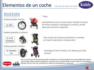 Elementos de un coche
Ruedas grandes macizas
Ruedas grandes inflables
Generalmente van en el eje trasero. Facilitan la acción
de utilizar escaleras. Amortiguan la marcha, siendo
aptas para terrenos irregulares.
Ruedas pequeñas o urbanas
Ej: C40
Para circular por buenos pavimentos. Su ventaja
principal es que pesan y ocupan poco.
Amortiguan más la marcha, son ideales para todo
terreno.
Ej: C10,
Compass
Ej: Compass
Air
Tipos
Tips: Los coches de ruedas giratorias pueden maniobrarse con mayor facilidad. Son recomendables para bajar y
subir veredas, doblar y esquivar obstáculos. Los frenos que se accionen desde un mismo lugar son más prácticos
(Ejemplo: freno en link). Son preferibles las ruedas con amortiguación y suspensión.
Elecciόn del coche de bebé
 