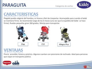 PARAGUITA Categorías de coches
Plegado puede colgarse del hombro, es liviano y fácil de trasportar. Aconsejable para cuando el bebé
se mantiene firme. Se recomienda luego de los 6 meses (una vez que la espaldita del bebé se hace
firme). Ruedas pequeñas giran 360 grados. Manija para transportar.
Precio accesible, liviano y práctico. Algunos cuentan con posiciones de reclinado. Ideal para personas
que viajan en transporte público.
C12 Allegro PlusClap
 